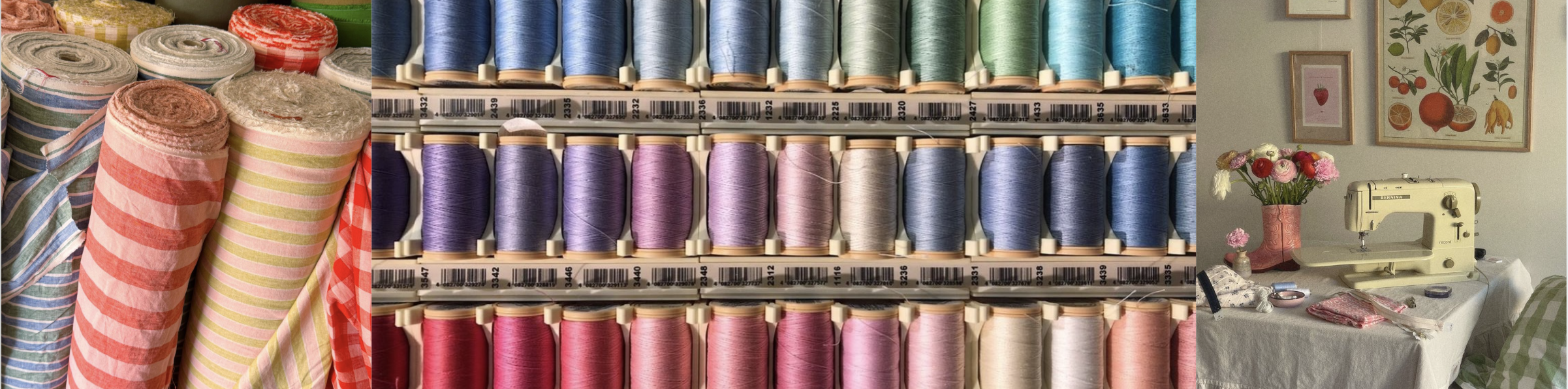 Fabric rolls, thread spools, and sewing machine